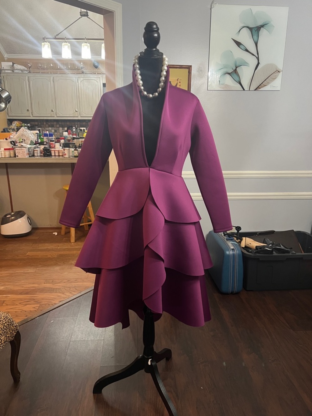 Purple Long-Sleeve Tiered Peplum Dress